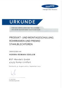 Zertifikat R. Edeler Novoferm
